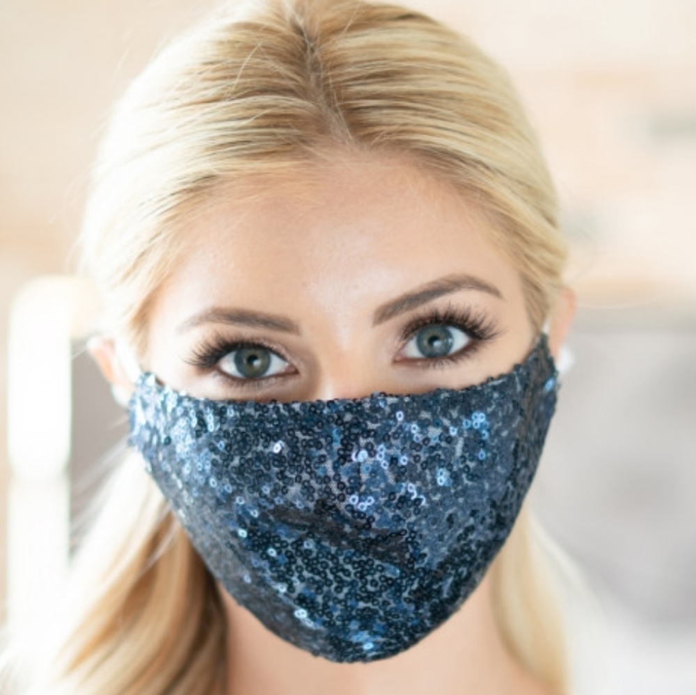 NAVY BLUE SEQUIN GLITTER FACE MASK NWT